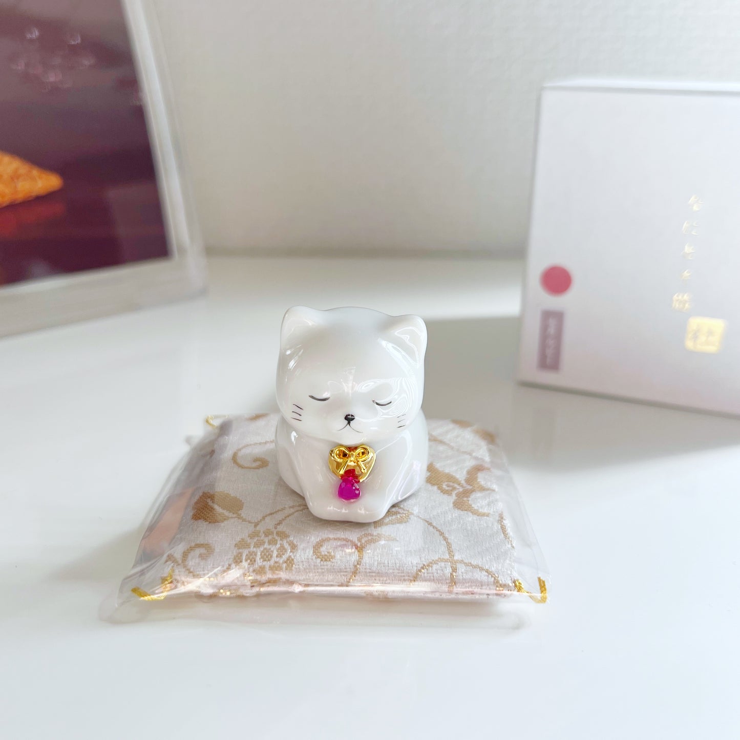 天然石を持ったなにとぞ猫
